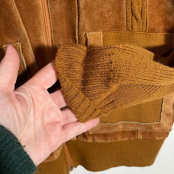 Vintage Suede Knit Jacket M 70s Orange Brown Cowhide Full Zip Retro Ricky Style - Picture 3 of 14